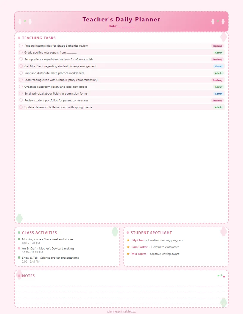 Floral Teacher Daily Planner